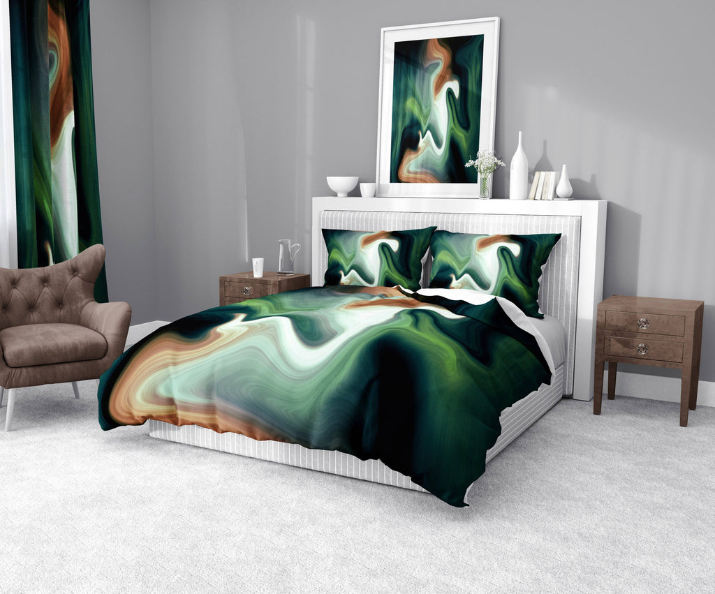 Green and Tan Smoke Swirl Comforter or Duvet Cover - Deja Blue Studios