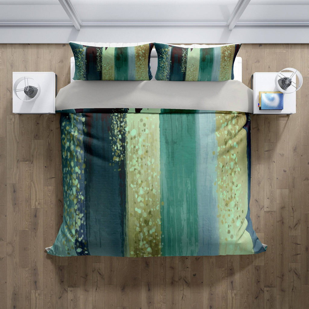Comforter or Duvet Cover | Cool Green Striped Watercolor Design | Boho and Gypsy Style Bedding - Deja Blue Studios