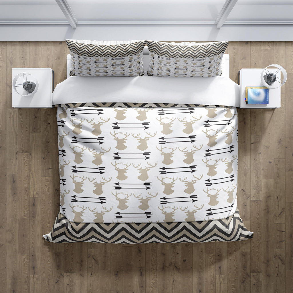 Beige and White Deer Antler and Chevron Pattern Comforter or Duvet Cover - Deja Blue Studios