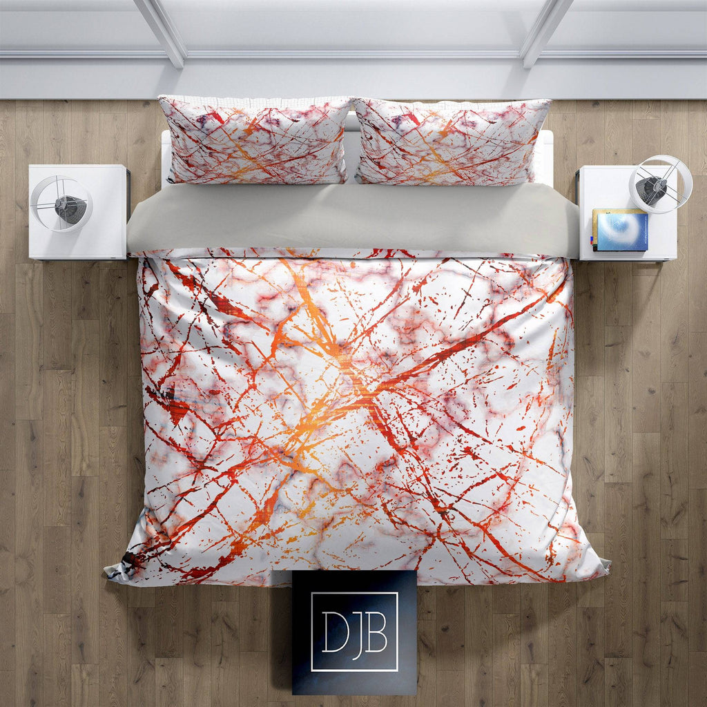 Red and Orange Ink Splatter Marble Comforter or Duvet Cover | Colorful Print - Deja Blue Studios