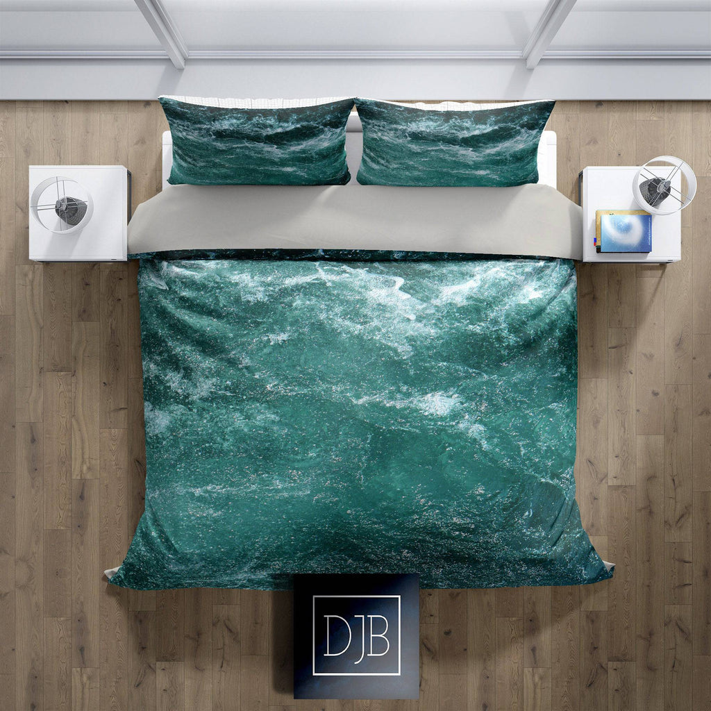 Nautical Green Ocean Waves Comforter or Duvet Cover | Green and Blue - Deja Blue Studios