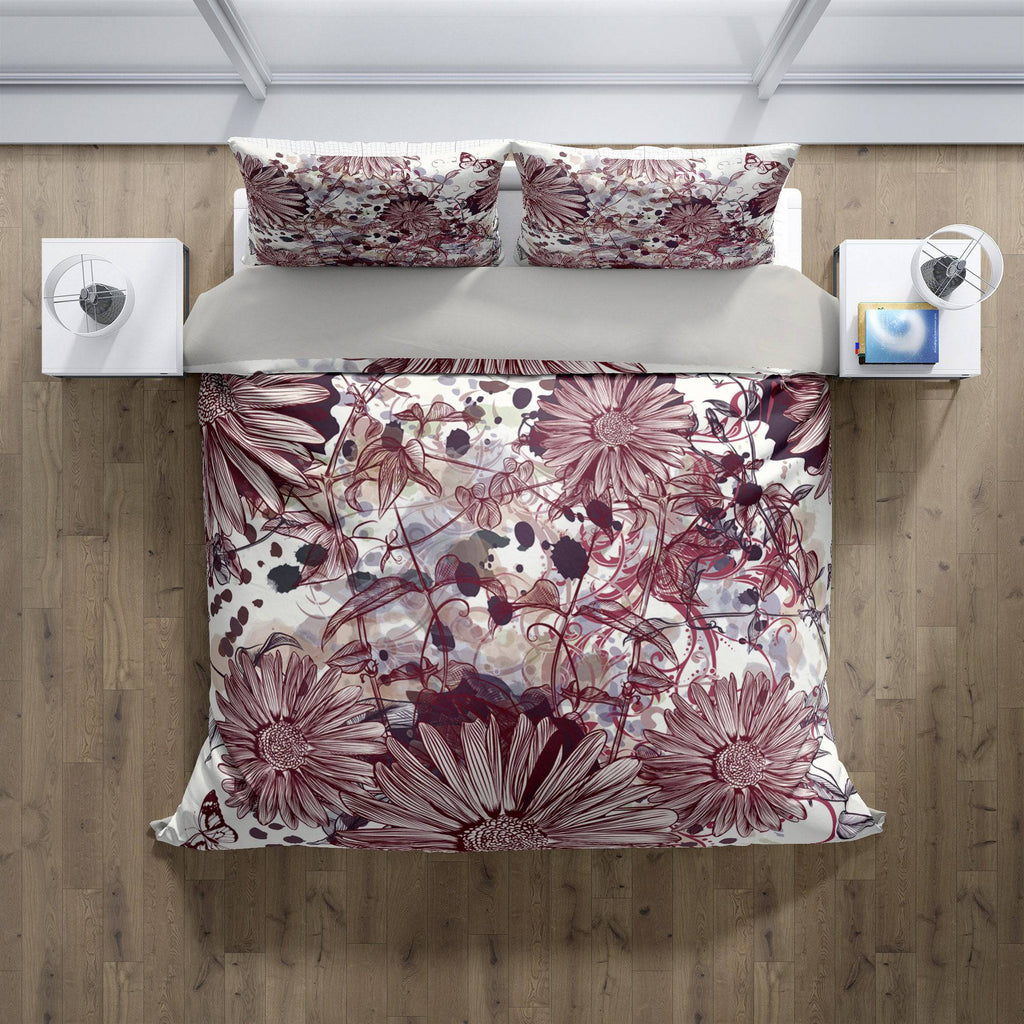Burgundy and Beige Floral Comforter or Duvet Cover - Deja Blue Studios