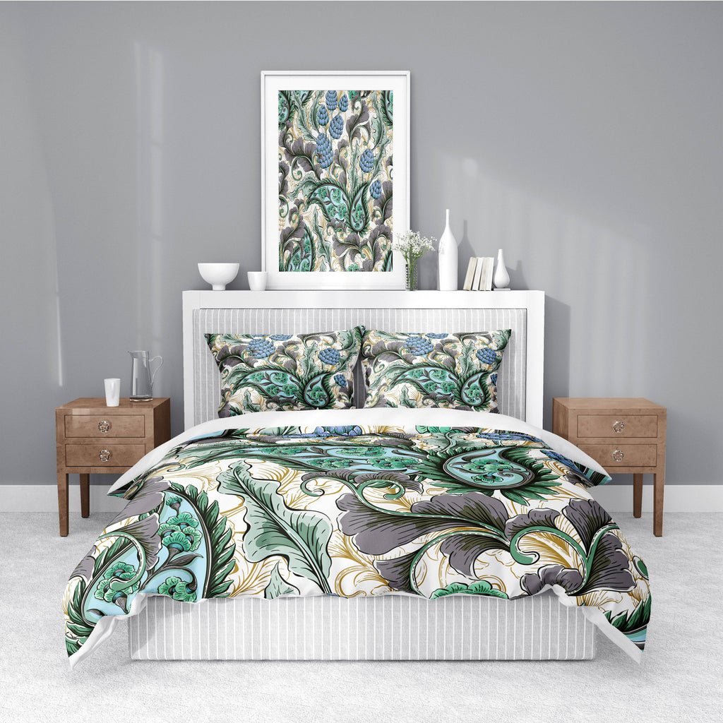 Green and Blue Paisley Comforter or Duvet Cover | Twin, Queen, King Size - Deja Blue Studios