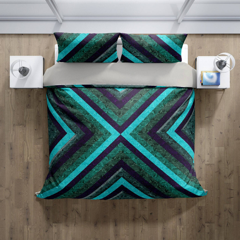 Geometric Green Cross Pattern Comforter or Duvet Cover Bedding - Deja Blue Studios
