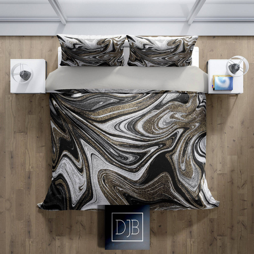 Black, Gray and Gold Color Swirl Comforter or Duvet Cover | "The White Tiger" | Twin, Queen, King Size | Abstract Bedding - Deja Blue Studios