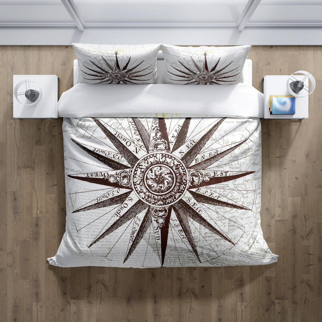 Vintage White Nautical Compass Star Comforter or Duvet Cover - Deja Blue Studios