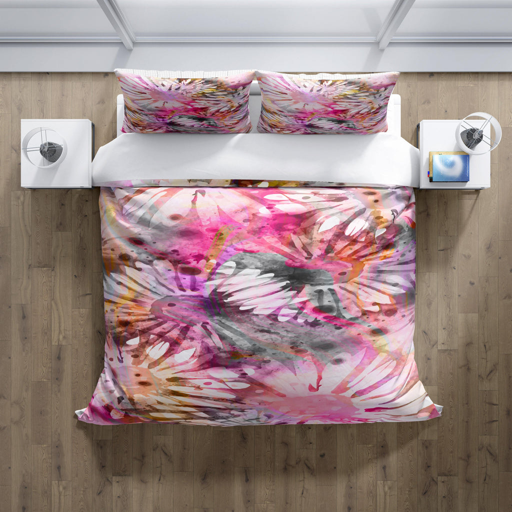 Pink Watercolor Boho Daisies Comforter or Duvet Cover - Deja Blue Studios