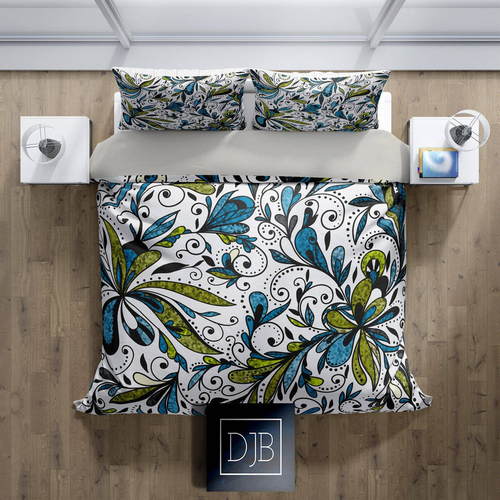 Colorful Blue and Green Glitter Floral Comforter or Duvet Cover - Deja Blue Studios