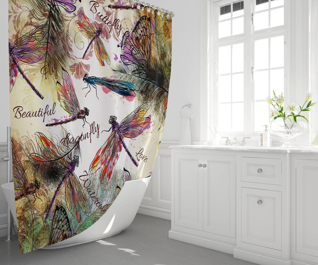 Watercolor Boho Dragonfly Shower Curtain - Deja Blue Studios