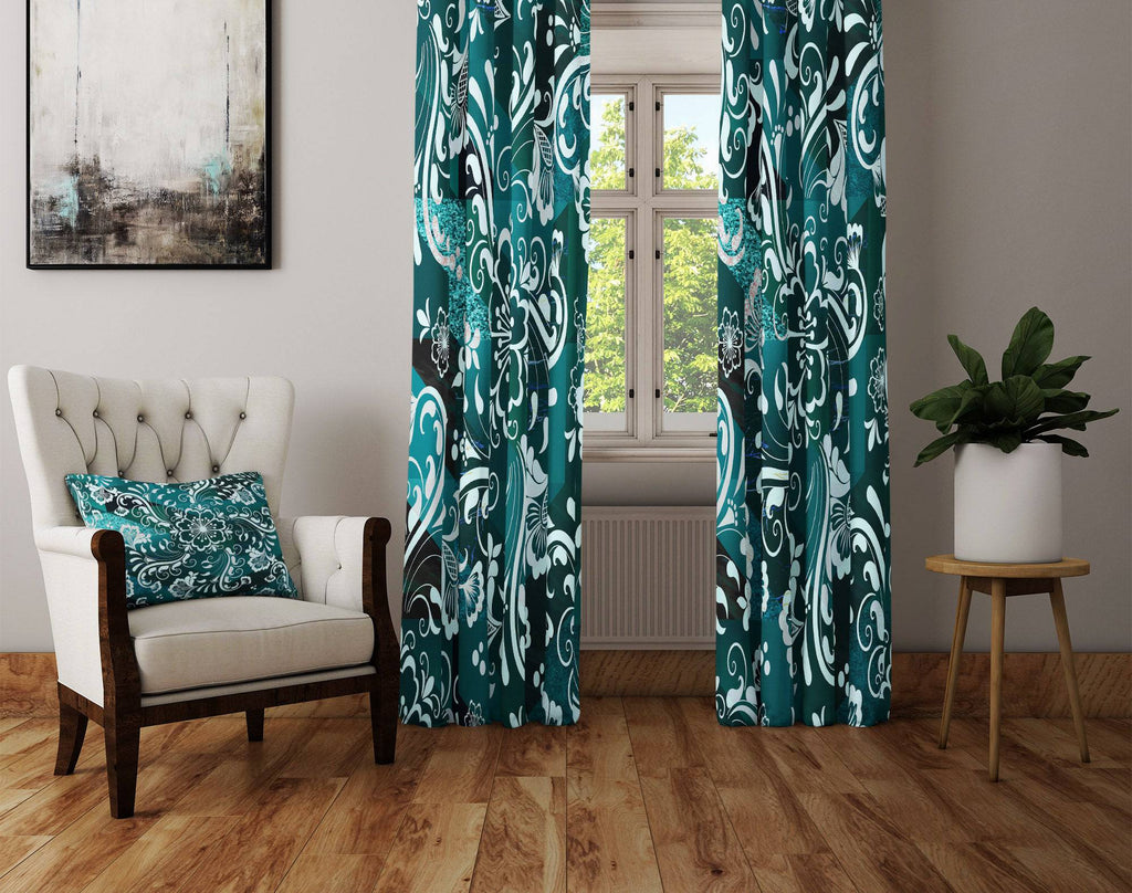 Green and Teal Damask Style Window Curtains - Deja Blue Studios