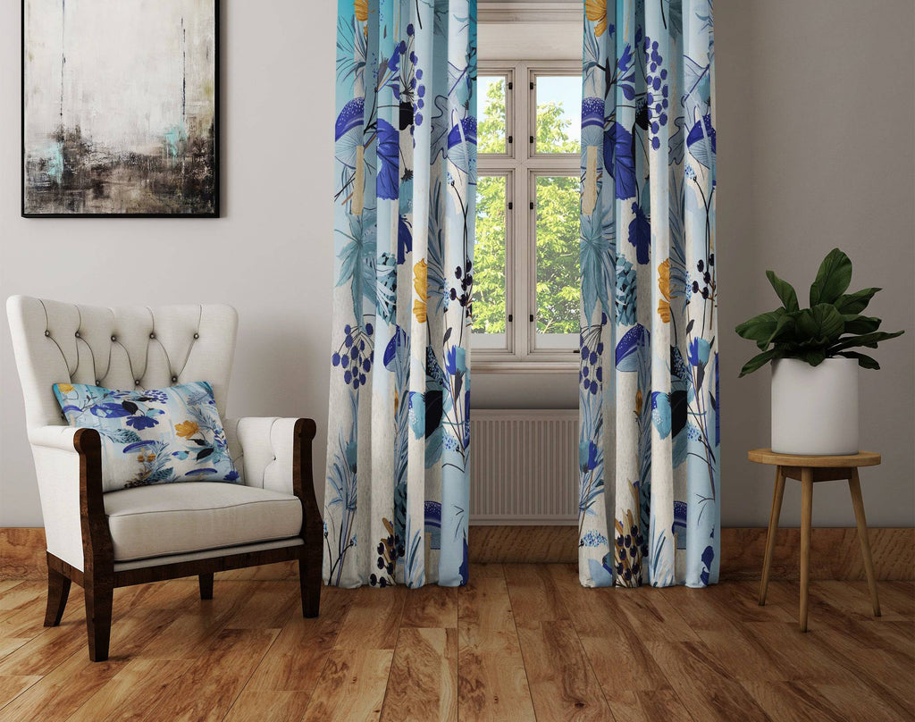 Monochrome Blue Floral Print Window Curtain Panels - Deja Blue Studios