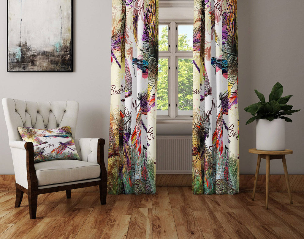 Boho Watercolor Dragonfly Window Curtains - Deja Blue Studios