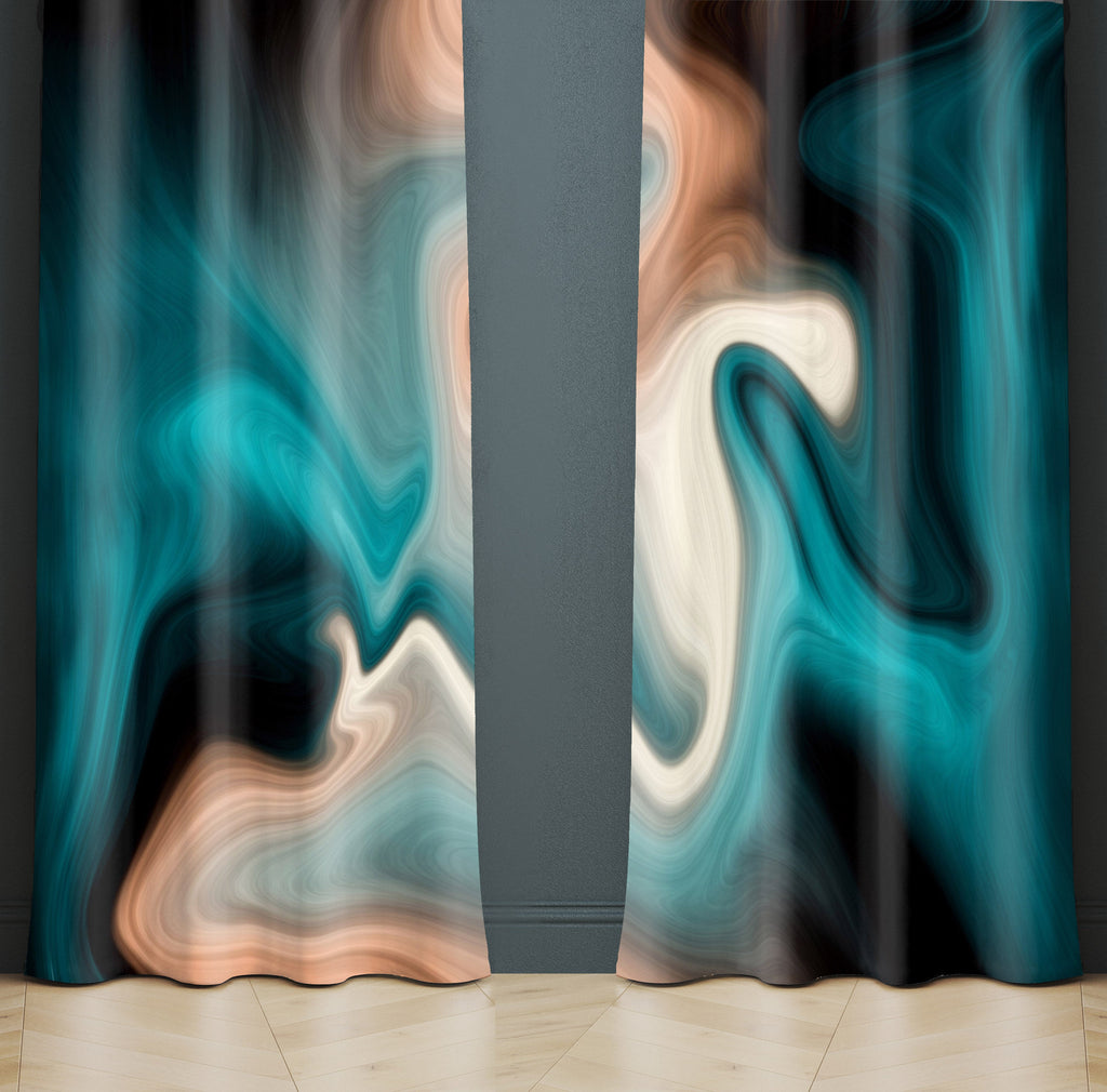 Teal, Black and Tan Swirl Window Curtains - Deja Blue Studios
