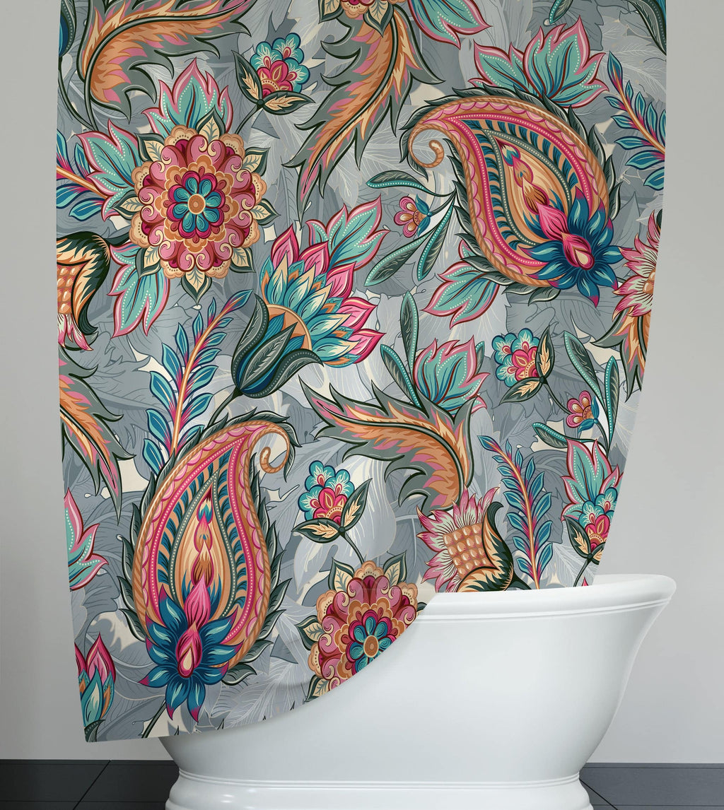 Gray Contemporary Paisley Shower Curtain w/ Set Options - Deja Blue Studios