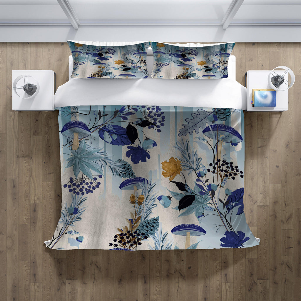 Cottage Style Blue Floral and Mushroom Comforter or Duvet Cover | Twin, Queen, King Size - Deja Blue Studios