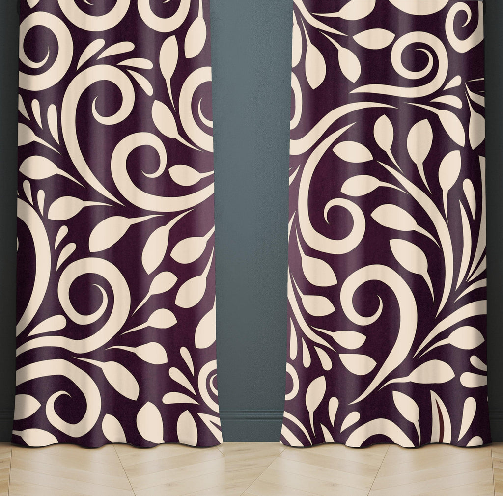 Burgundy and Beige Ornate Pattern Window Curtains - Deja Blue Studios