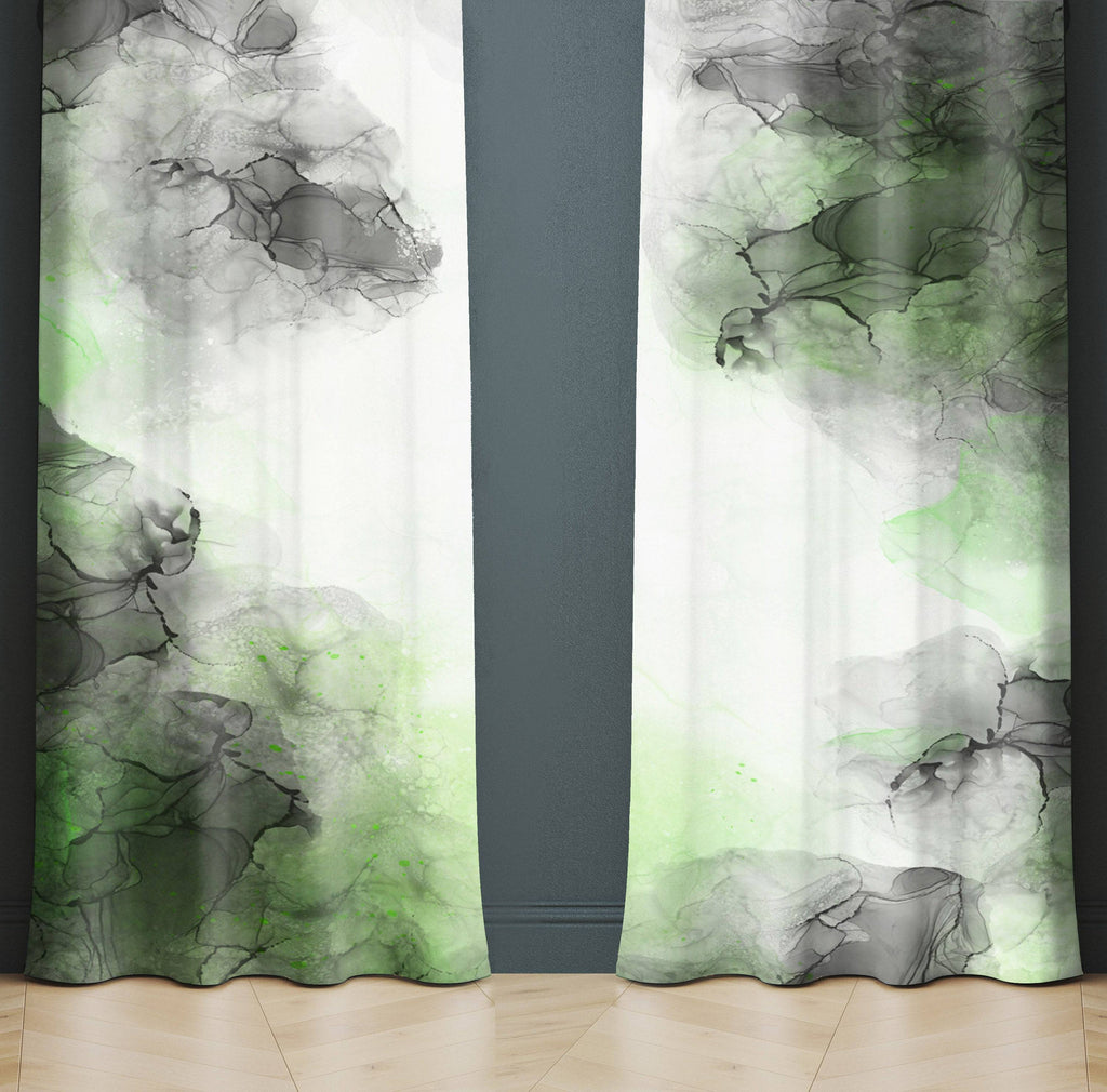 Green and Black Abstract Grunge Window Curtains - Deja Blue Studios