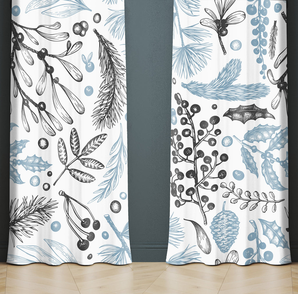 Blue and White Chic Wooldand Floral Print Window Curtains - Deja Blue Studios