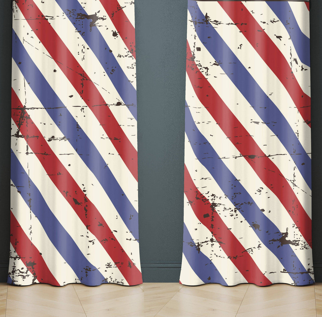 Grunge Red and Blue Barber Stripe Window Curtains - Deja Blue Studios
