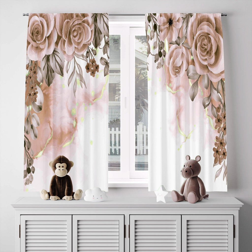 Blush Hanging Roses Floral Window Curtains - Deja Blue Studios