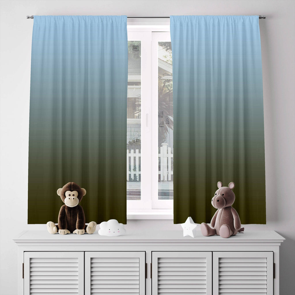 Light Blue to Olive, Green Ombre Gradient Window Curtains - Deja Blue Studios