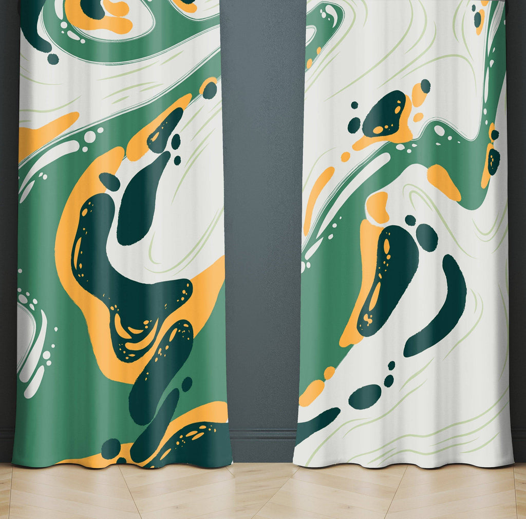 Green and Yellow Paint Abstract Splatter Window Curtains - Deja Blue Studios