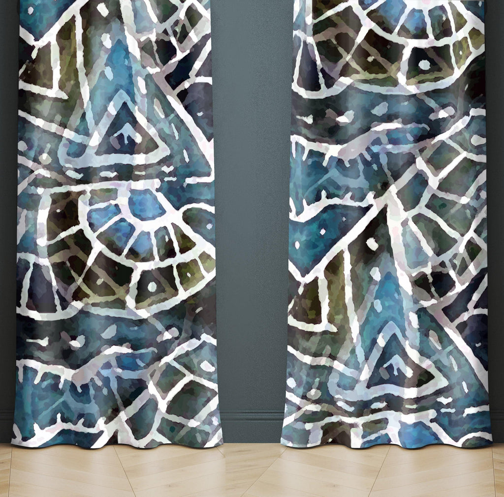 Blue and Black Tribal Abstract Mosaic Pattern Window Curtains - Deja Blue Studios
