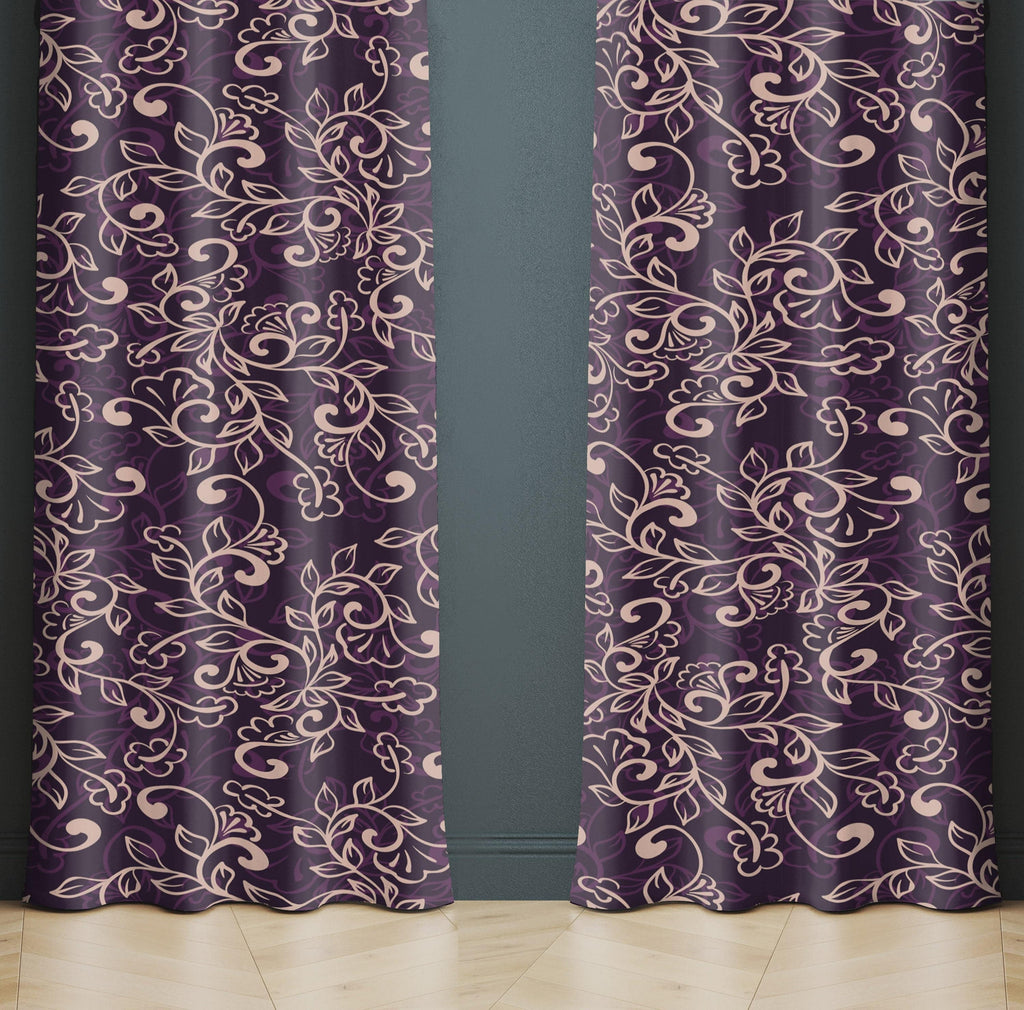 Burgundy and Beige Ornate Pattern Window Curtains - Deja Blue Studios