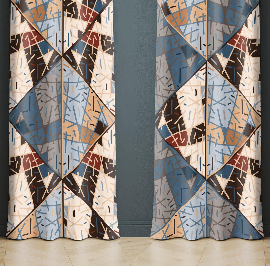Abstract Geometric Country Cottage Window Curtains - Deja Blue Studios