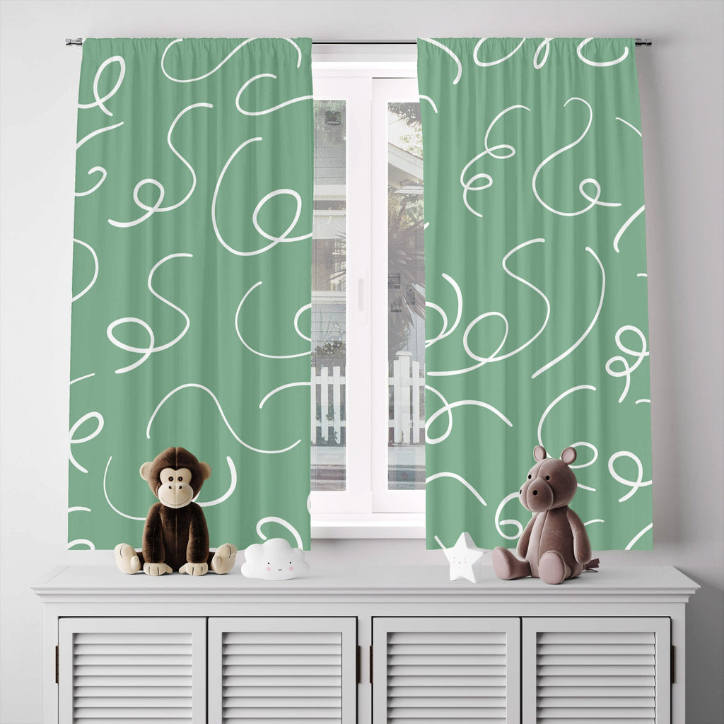 Green and White Chic Whimsical Squiggle Lines Window Curtains - Deja Blue Studios