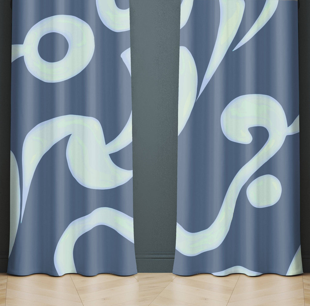 Blue Large Whimsical Pattern Window Curtains - Deja Blue Studios