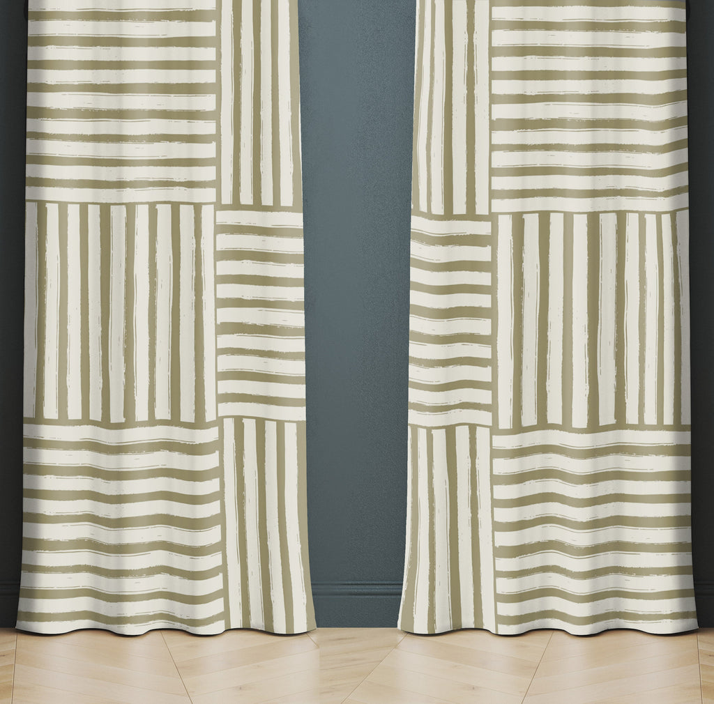 Brown Cross Hash Line Pattern Window Curtains - Deja Blue Studios