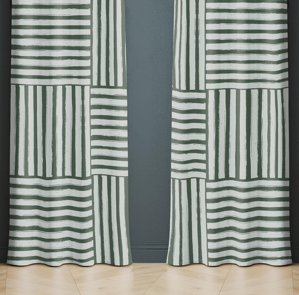 Green Cross Hash Line Pattern Window Curtains - Deja Blue Studios