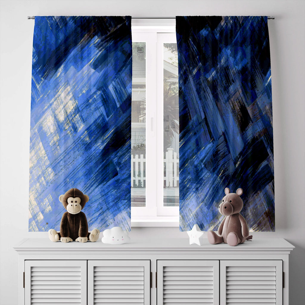 Abstract Blue and White Paint Brush Stroke Window Curtains - Deja Blue Studios
