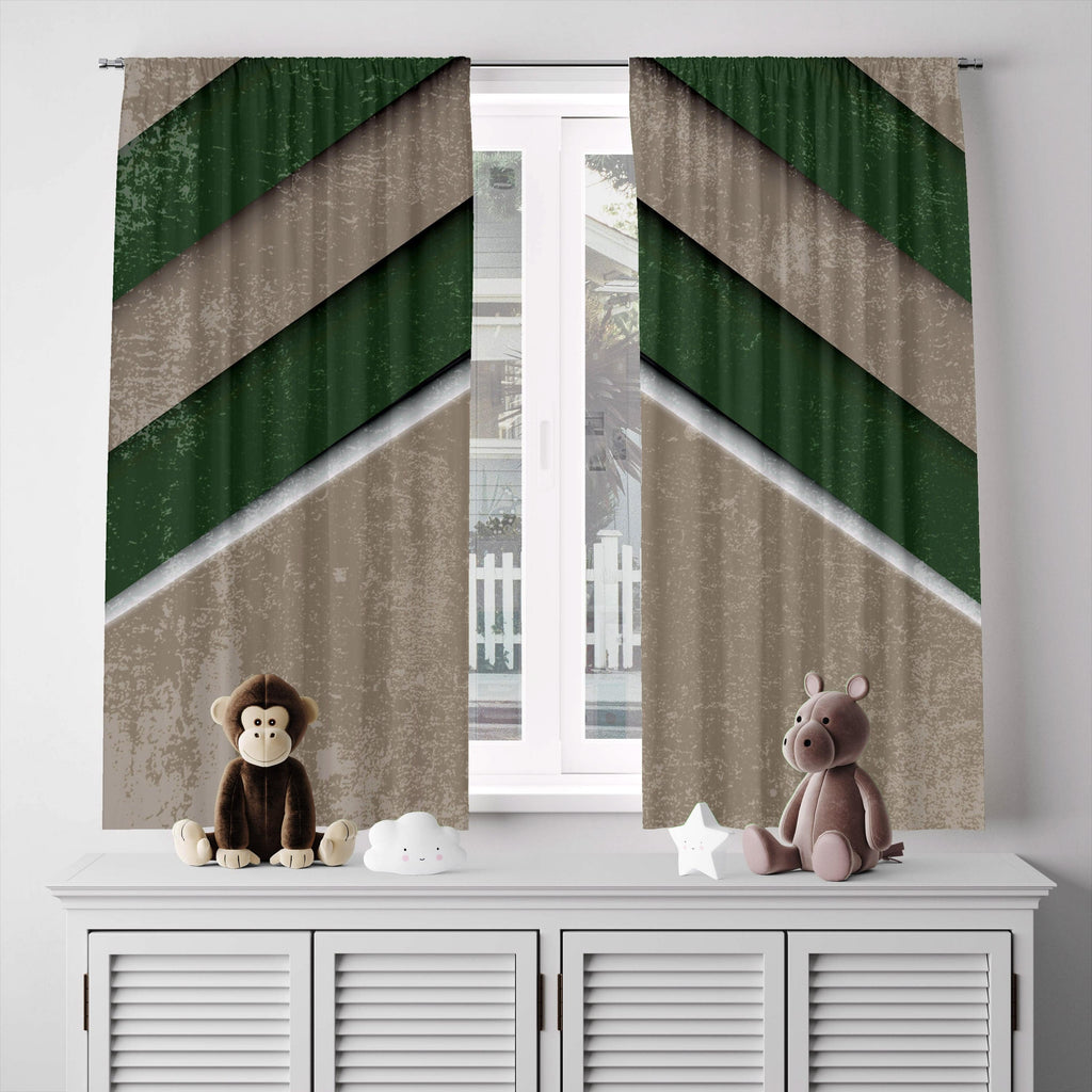 Green and Brown Rustic Chevron Pattern Window Curtains - Deja Blue Studios