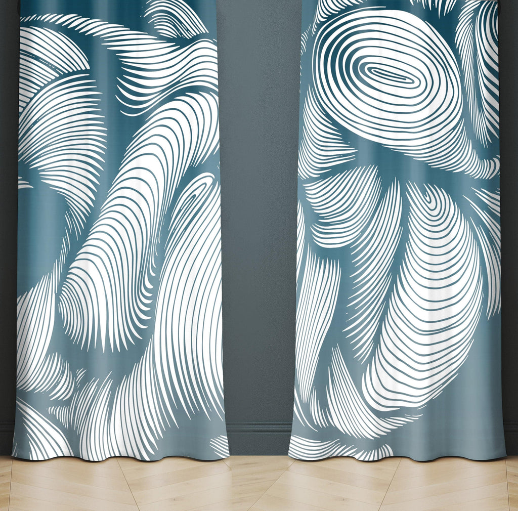 Blue and White Abstract Spiral Line Window Curtains - Deja Blue Studios