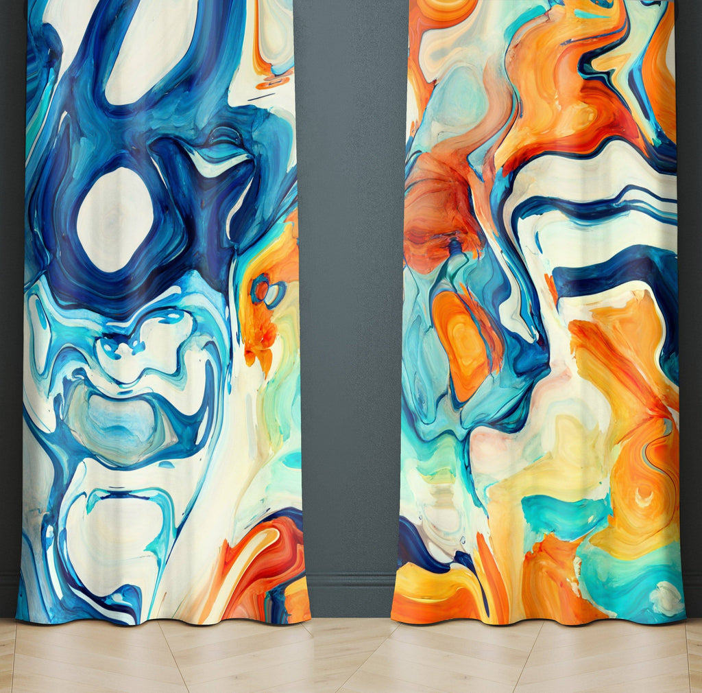 Blue and Orange Abstract Acrylic Pour Print Window Curtains - Deja Blue Studios