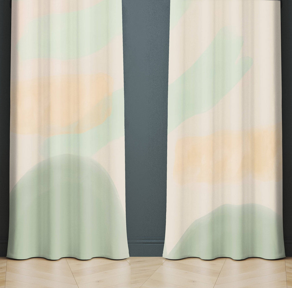 Green and Beige Whimsical Abstract Window Curtains - Deja Blue Studios
