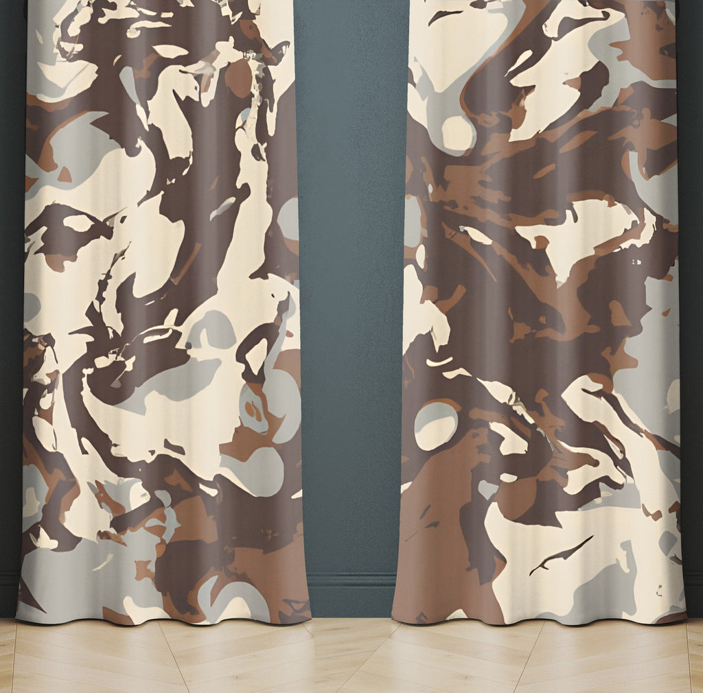 Color Swirl Window Curtains - Beige, Brown and Gray Arrid Camo - Deja Blue Studios