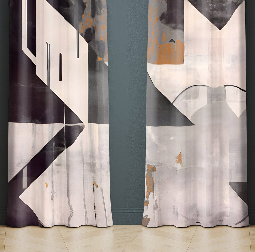 Abstract Window Curtains - Weathered Rustic Art Deco Style - Deja Blue Studios