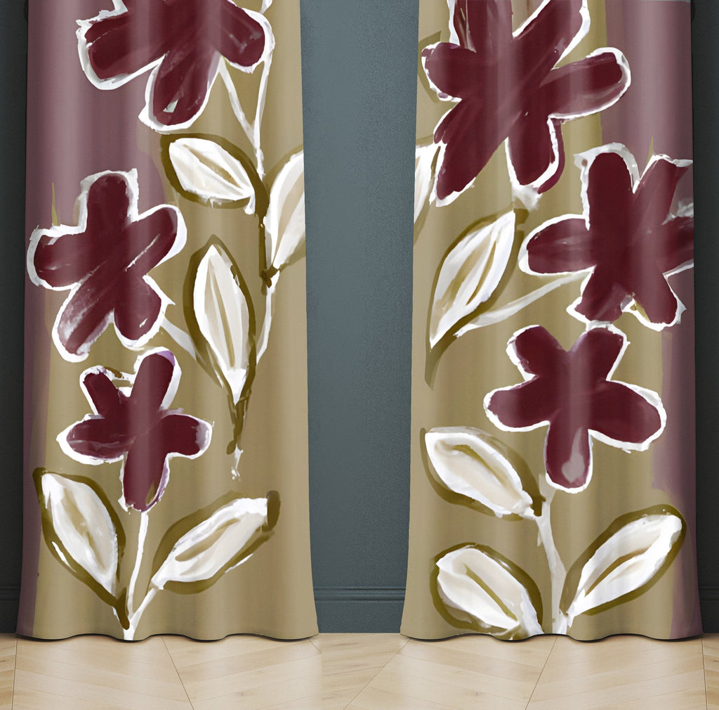 Floral Window Curtains - Beige and Burgundy Painted Print - Deja Blue Studios