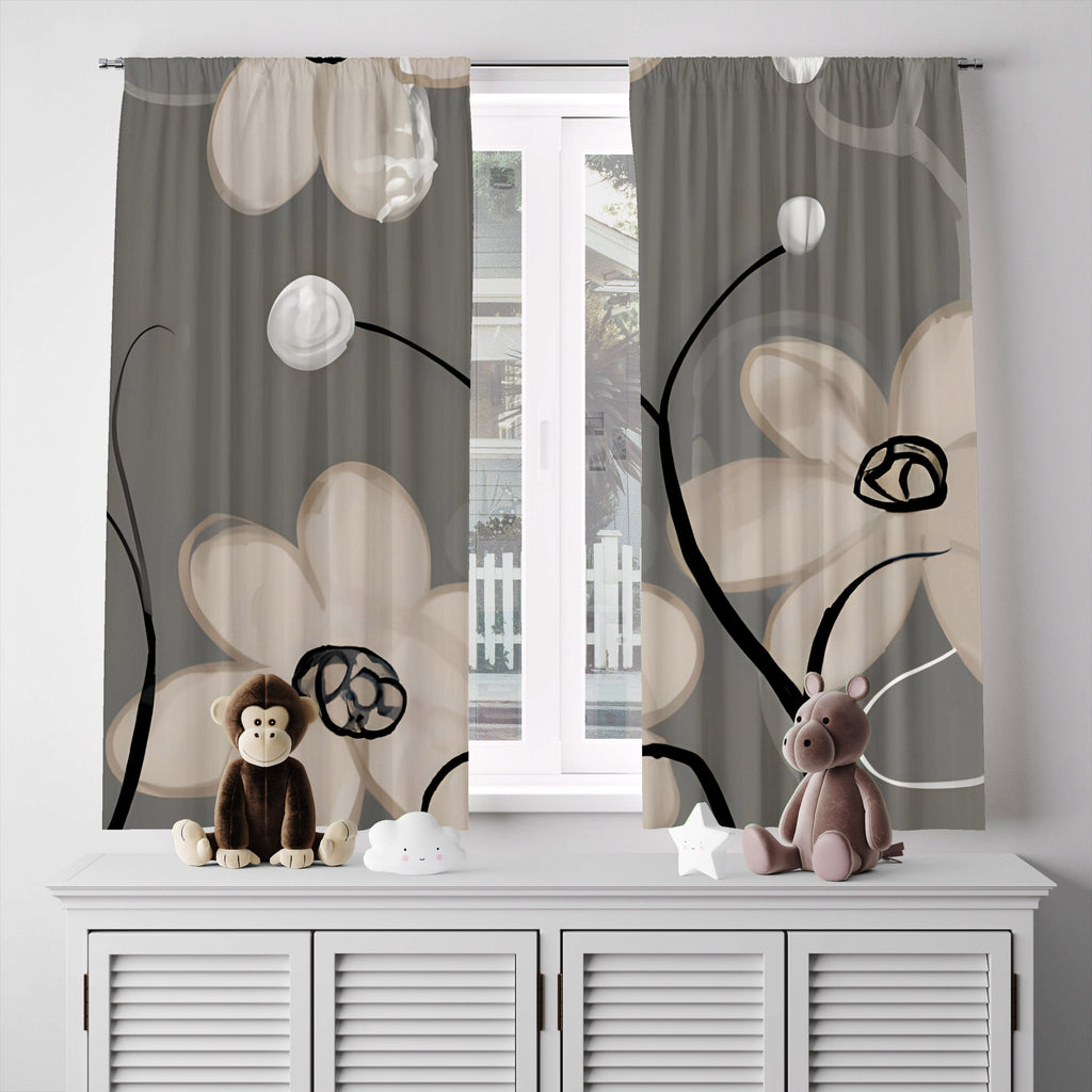 Floral Window Curtains - Beige and Gray Contemporary Print - Deja Blue Studios
