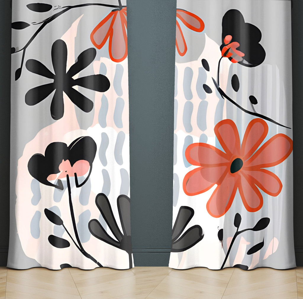 Floral Window Curtains - Gray, Pink and Orange Modern Contemporary Print - Deja Blue Studios