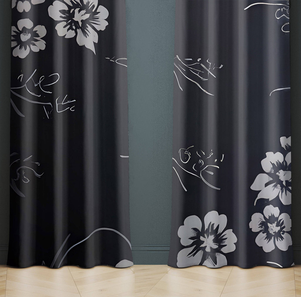 Minimalist Window Curtains - Black and Gray Floral Print - Deja Blue Studios