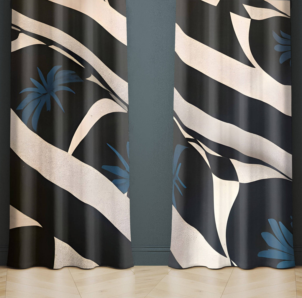 Abstract Window Curtains - Black and Blue Pattern - Deja Blue Studios