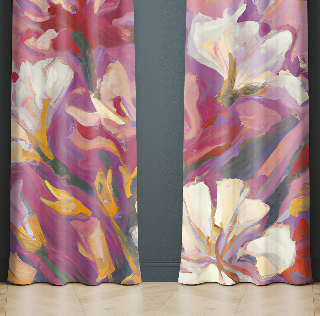 Floral Window Curtains - Pink and White Painted Flower Print - Deja Blue Studios