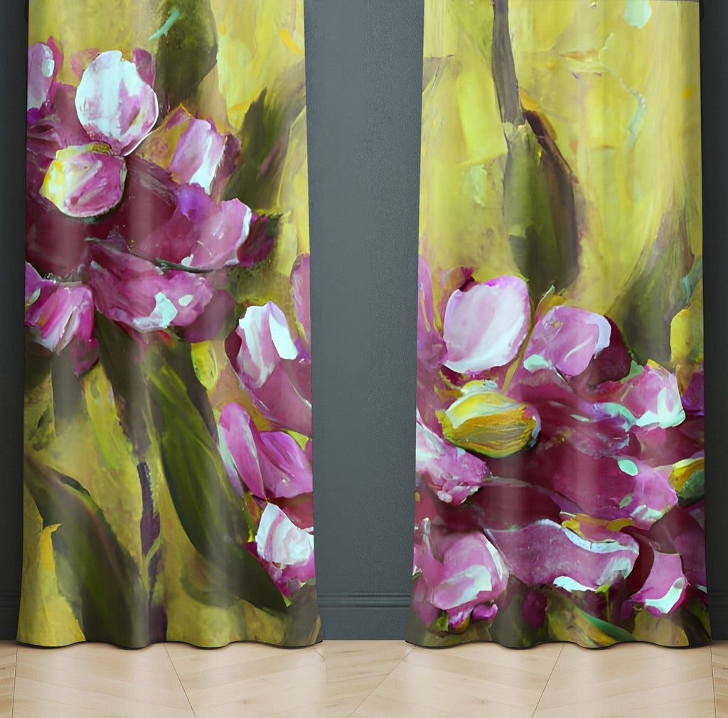 Floral Window Curtains - Green and Purple Contemporary Painted Print - Deja Blue Studios