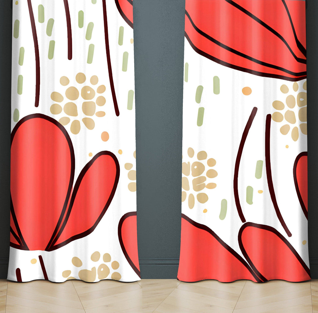 Whimsical Window Curtains - Red and White Modern Floral - Deja Blue Studios