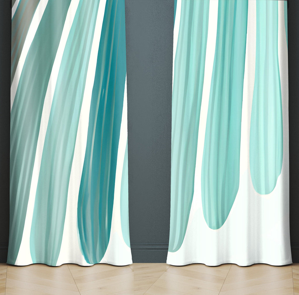Abstract Window Curtains - Teal, Aqua, Blue Striped Pattern - Deja Blue Studios