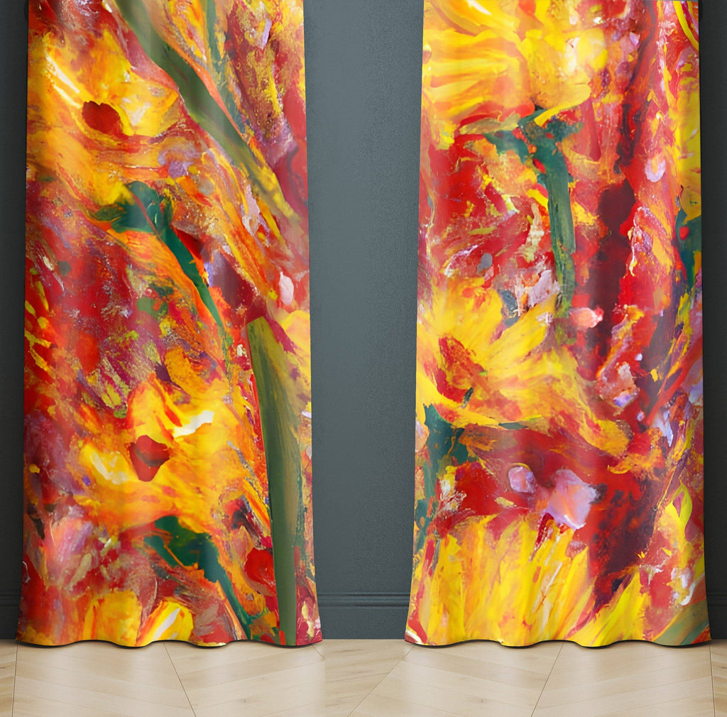 Floral Window Curtains - Bohemian Fire Red and Yellow Print - Deja Blue Studios